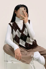 Saddle Brown V-Neck Diamond-Check Knitted Vest
