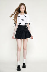 White Textured Bowknot Decor Puff Sleeve Blouse