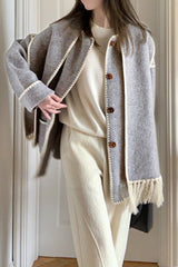 Light Steel Blue Contrast Drop Shoulder Wool-Blend Tweed Coat with Scarf