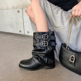 Autumn Belt buckle cowhide Pleated Short Boots