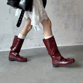 Autumn Burgundy cowhide bowknot Mid-Calf Boots