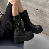 Autumn black cowhide platform Wedges Mid-Calf Boots
