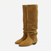 Cow suede Large tubular Pleated Knee high Boots