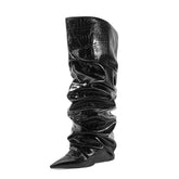 Stone pattern Microfiber Pleated Knee-high Boots
