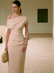 Asymmetrical Neck One Shoulder Off Pleated T-Shirt and skirt set