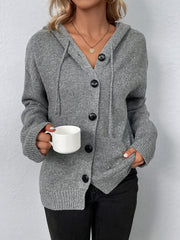 Button Drawstring Hooded Cardigan