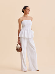 Cotton Pleated Strapless Peplum Top And Pants Set
