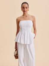 Cotton Pleated Strapless Peplum Top And Pants Set