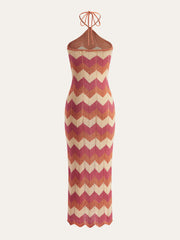 Color Block Halter Knotted Split Sweater Dress