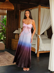Spaghetti Straps Tie-Dye Gradient Satin Maxi Dress With Lace-Up Back