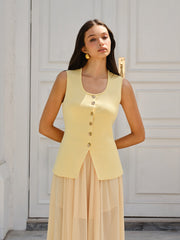 Sleeveless Square-Neck Buttoned Top With Split Hem