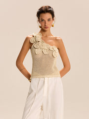 One-Shoulder Floral Crochet Knit Top