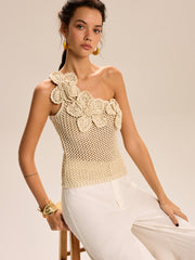 One-Shoulder Floral Crochet Knit Top