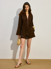 Pleated Button-Front Shorts Set