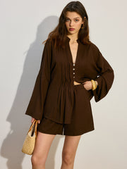Pleated Button-Front Shorts Set