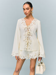 Semi-Sheer Reversible Embroidered-Lace Top And Shorts Set