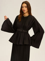 Pleated Bell Sleeve Belted Peplum Blouse