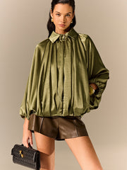 Satin Pleated Lantern-Sleeve Shirt Jacket