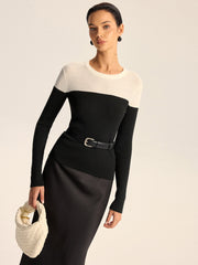 Two-Tone Ribbed Wool Blend Sweater without Belt