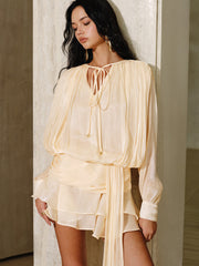 Semi-Sheer Tiered Draped Tie-Waist Mini Dresse