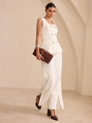 Tweed Fringe Trim Button Vest And Pants Set