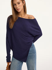 Textured Off-Shoulder Asymmetric Sweater with Belt
