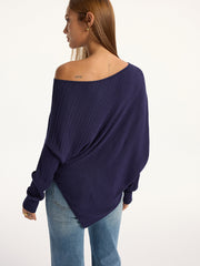 Textured Off-Shoulder Asymmetric Sweater with Belt