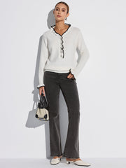 Contrast Ruffle Trim Button Sweater