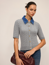 Metal Button Denim Collar Cable-Knit Top
