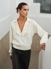 Ruffled Collared V-Neck Knit Top