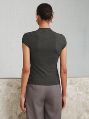 Mock Neck Cap-Sleeve Button T-Shirt