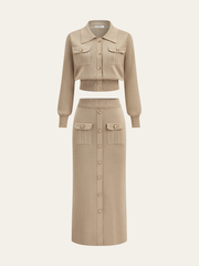 Metal Button Collared Cardigan and Midi Skirt Set