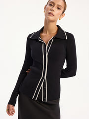 Contrast-Trim Polo Collar Knit Cardigan And Dress Set