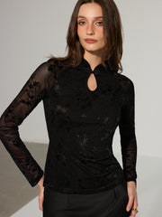 Mandarin Collar Floral Lace Long Sleeve T-Shirt