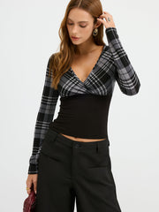Plaid Paneled Slim-Fit Knit Long Sleeve Blouse