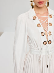 Lace-Up Pleated Midi Dress