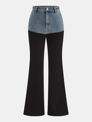 Mid-Waist Denim Panel Flared Pants
