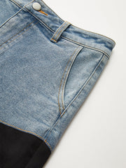 Mid-Waist Denim Panel Flared Pants