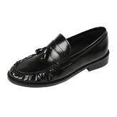 Black Patent Leather Chunky Heel Loafers Pleated Fringe Sewing Designer Shoes