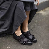Black Soft Leather Lace-up Loafers Women Pleated Design Brand Low Heel Pumps Cozy Commuter Office Shoes