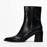Black Soft Leather Pointed Toe Chunky Heel Women Ankle Boots