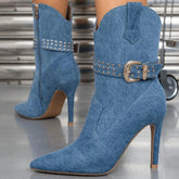 Blue Denim Pointed Toe Women's high-heeled ankle Boots