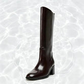 Brown Round Toe Chunky Heel Knee Boots