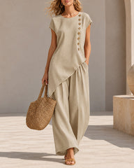 Casual Loose Button-down Short Sleeve Top and Wide-leg Pants Set