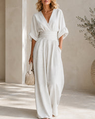 Casual Deep V Waist-cinching Wide-leg Jumpsuit