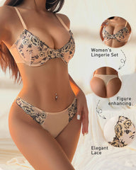 French-style Ultra-thin Push-up Floral Embroidered Mesh See-through Lingerie Set