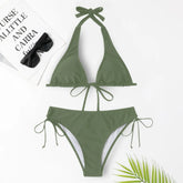 Fashion Woman 2 Piece Outfit Set Bandage Lace-Up Bikini Suit Solid Color Swimwear With Panties