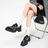 Black Patent Leather Square Toe Platform Loafers Women Retro Metal Buckle Casual Shoes
