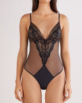 Black Floral Lace Mesh See-through Deep V Bodysuit