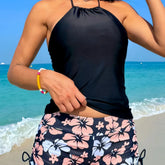 Halter Neck Bikini Set Printed Bottoms with Adjustable Ties Two Piece Swimsuit Solid Black Tops Floral Swimwear